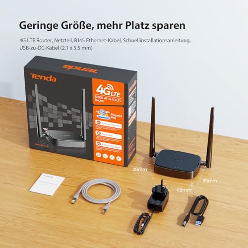Tenda 4G03 Pro LTE Router, Nano-SIM, N300 WLAN, 2 Antennen, Schwarz
