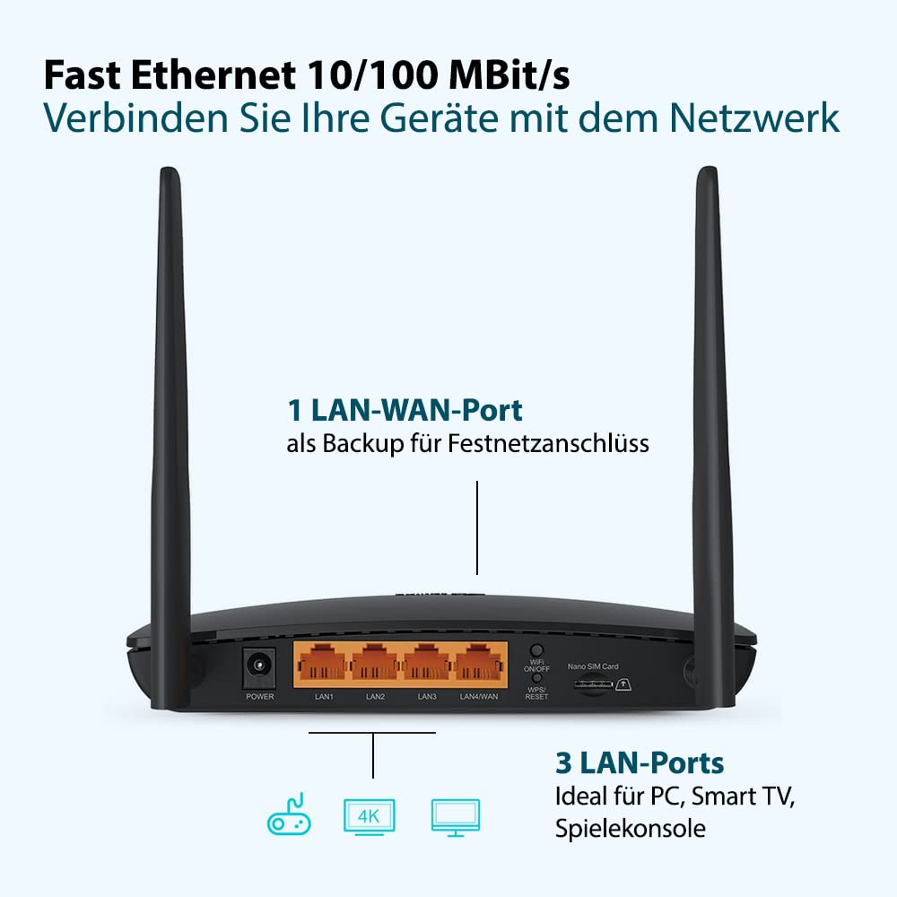 TP-Link TL-MR6400 LTE Router, 4G SIM, 150 Mbit/s, N300 WLAN, 4x LAN, Gastnetz, Schwarz