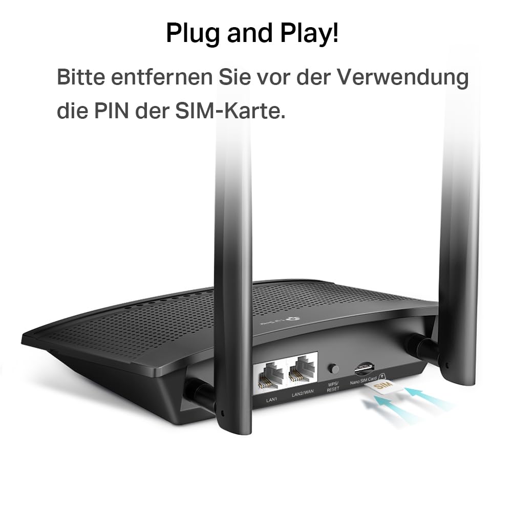 TP-Link TL-MR100 LTE Router, 4G SIM, 150 Mbit/s, WLAN N300, 2x LAN, Gastnetz, Plug & Play