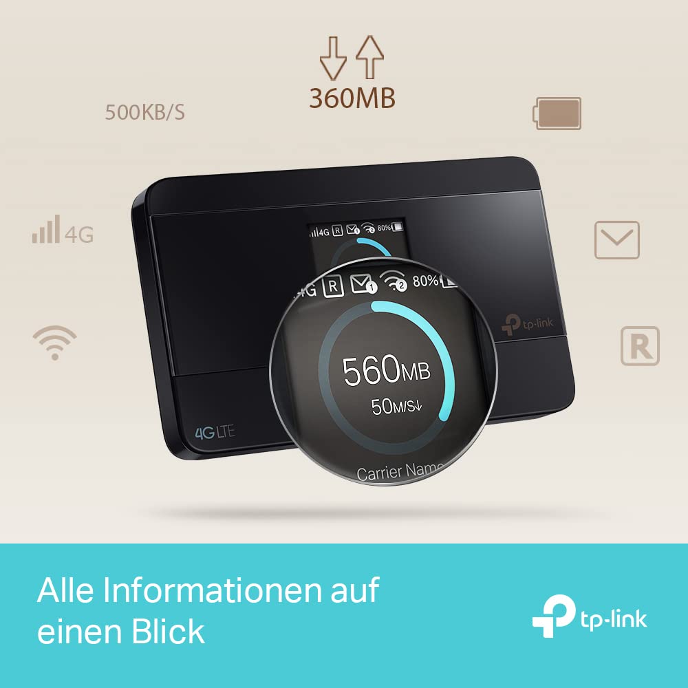 TP-Link M7350 4G MiFi Router, CAT4, 150 Mbit/s, 2000mAh Akku, 10 Geräte, Schwarz