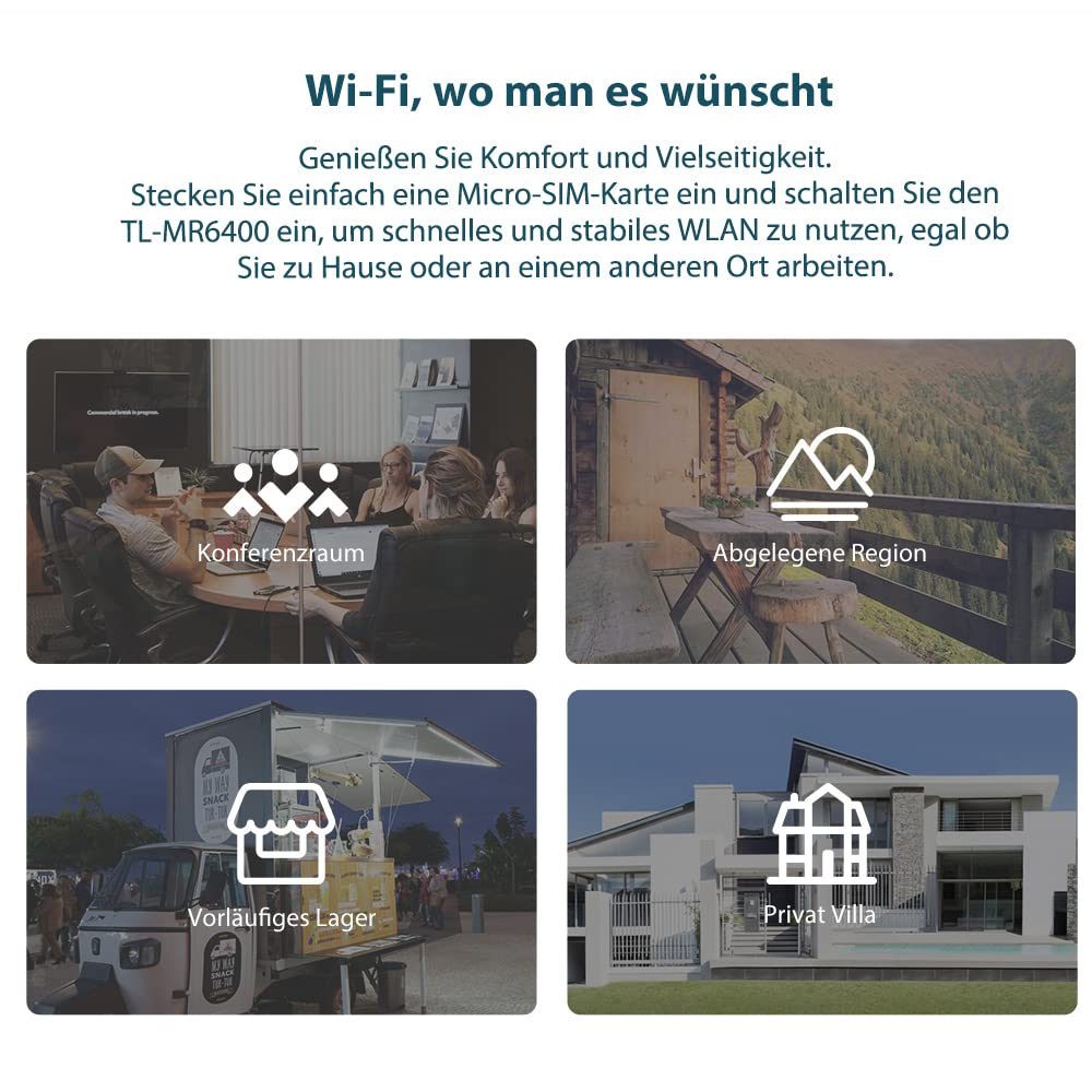 TP-Link TL-MR6400 LTE Router, 4G SIM, 150 Mbit/s, N300 WLAN, 4x LAN, Gastnetz, Schwarz