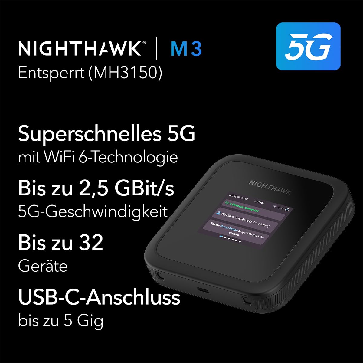 NETGEAR Nighthawk M3 5G Mobiler WLAN Router, 2.5 Gbit/s, SIM-Entsperrt