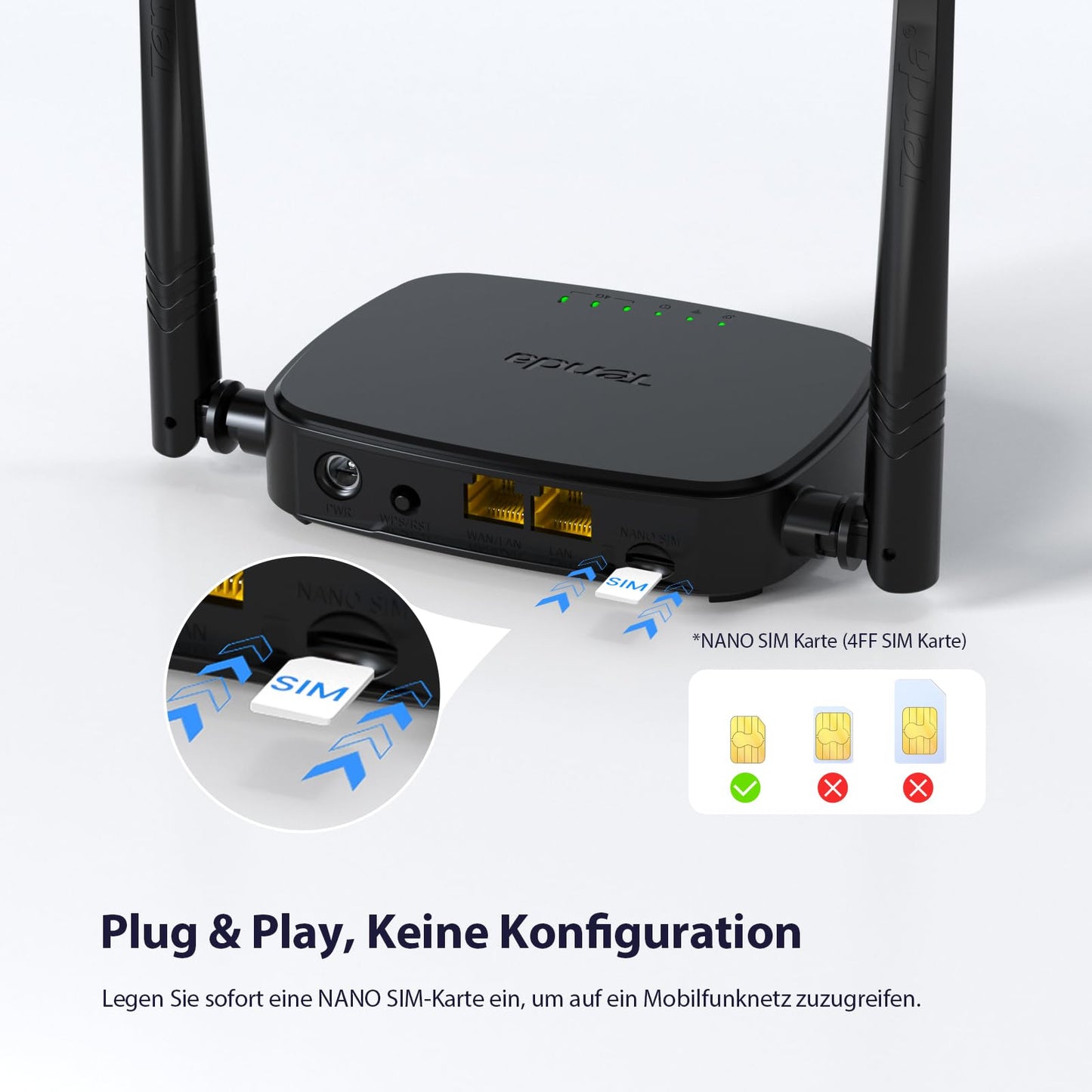 Tenda 4G03 Pro LTE Router, Nano-SIM, N300 WLAN, 2 Antennen, Schwarz
