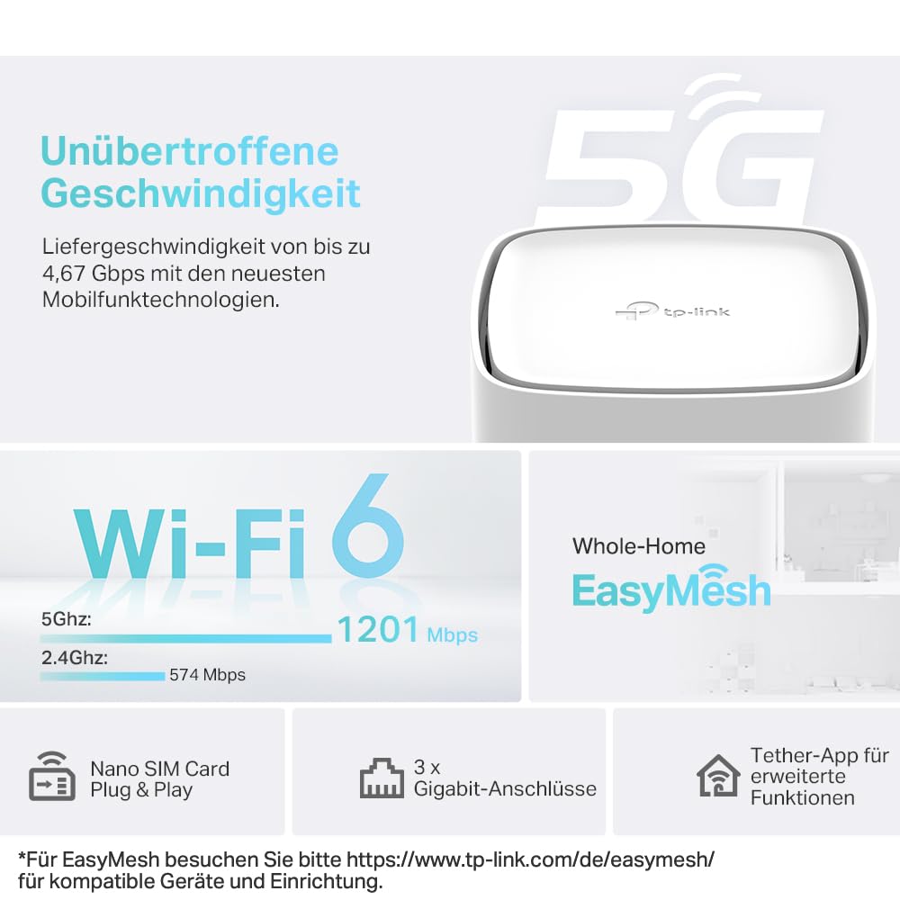 TP-Link Archer NX200 5G LTE Router, AX1800 WLAN, 3x Gigabit, Plug & Play