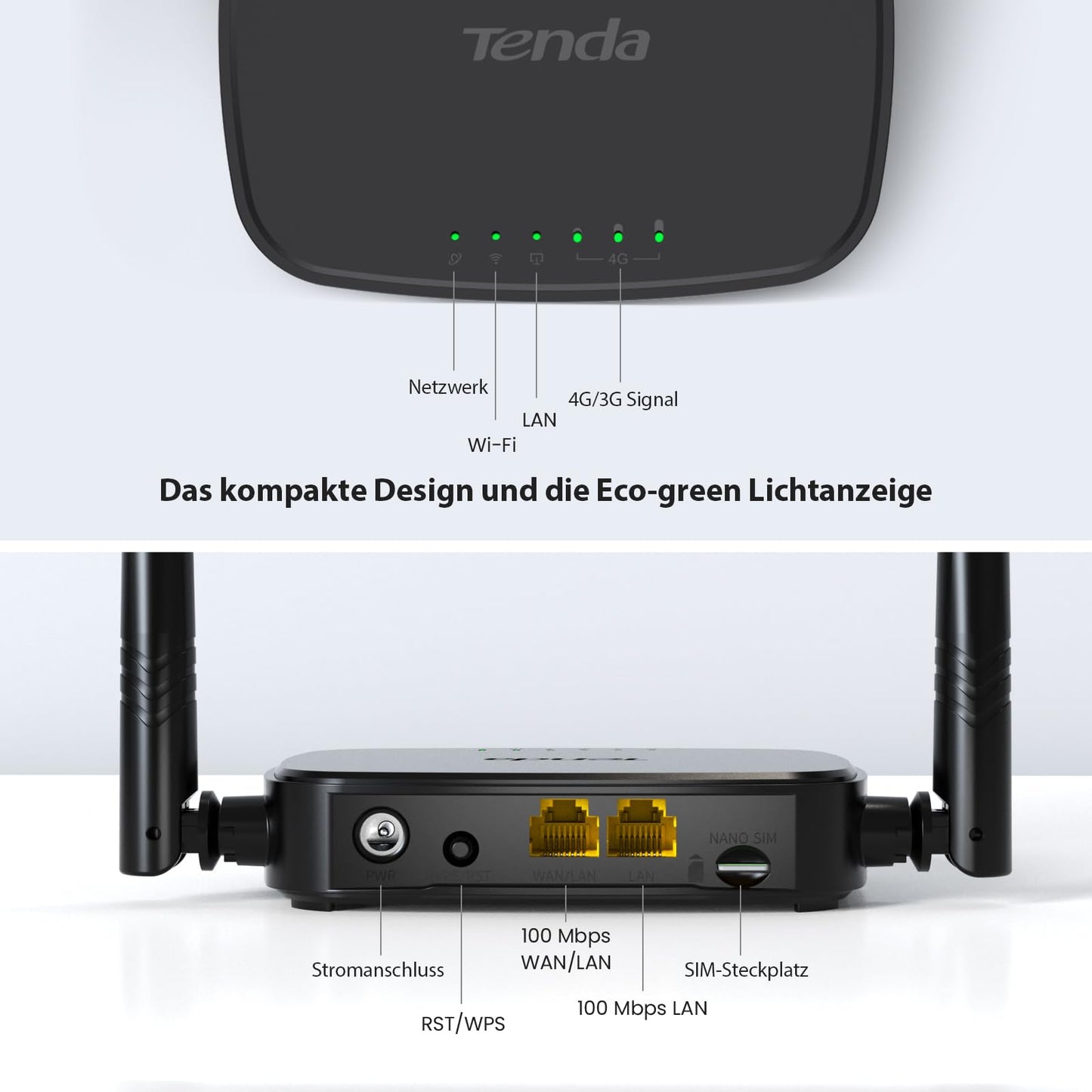 Tenda 4G03 Pro LTE Router, Nano-SIM, N300 WLAN, 2 Antennen, Schwarz