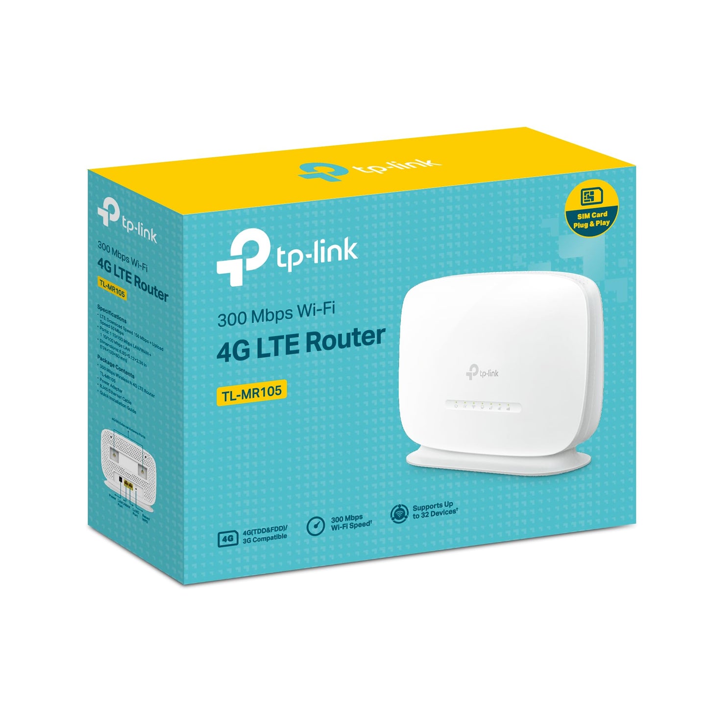 TP-Link TL-MR105 LTE Router, 4G Nano SIM, 150 Mbit/s, WLAN N300, 2x LAN, Gastnetz, Plug & Play