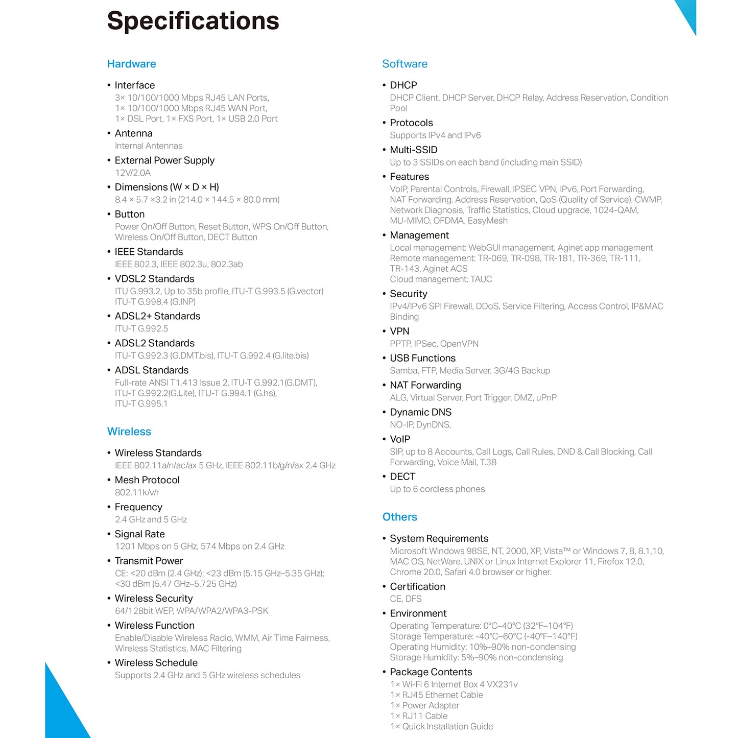 TP-Link VX231v VDSL Modem Router, Wi-Fi 6, AX1800 Dual-Band, 4× Gigabit, Kompatibel mit Telekom, O2, 1&1