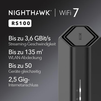 NETGEAR Nighthawk WiFi 7 Router RS100, 3.6 Gbit/s, 2.5G Internet, Dual-Band