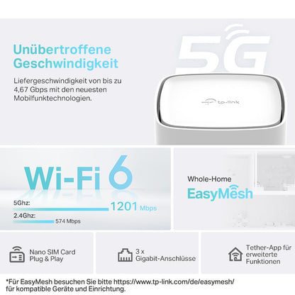 TP-Link Archer NX200 5G LTE Router, AX1800 WLAN, 3x Gigabit, Plug & Play